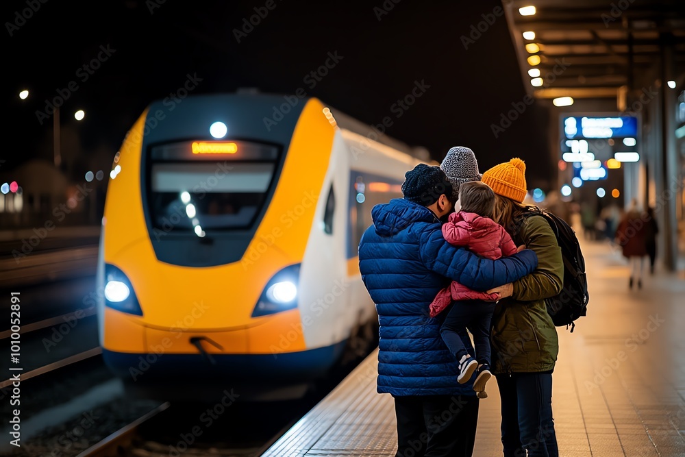 A family saying goodbye at a train station, sharing one last embrace ...