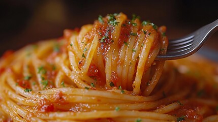 A close-up of spaghetti with tomato sauce and herbs on a fork, showcasing a delicious meal.