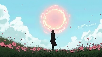 Poster - Woman Silhouette in a Field of Flowers with a Mystical Whirl in the Sky