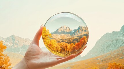 Wall Mural - Hand Holding a Glass Sphere Encasing an Autumnal Mountain Landscape