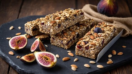 homemade healthy granola bars with dried fruits on a wooden table. organic vegan food