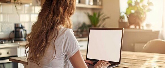 A woman working on a laptop with a blank screen, sitting at a desk by the window in a bright, natural environment.