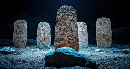 Sticker - ancient stone tablets with carved symbols in a dark setting