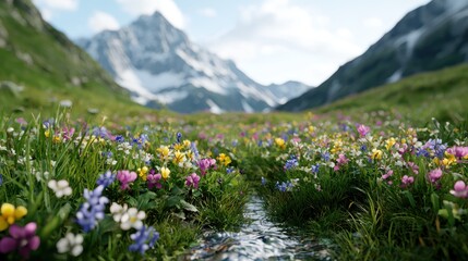 Sticker - Vibrant alpine meadow with colorful wildflowers