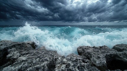 Poster - Dramatic stormy ocean waves crashing against rocky coastline