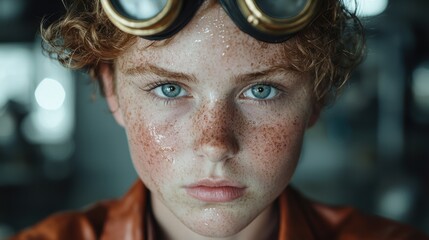 Wall Mural - Closeup portrait of a young person with freckles and curly hair wearing goggles