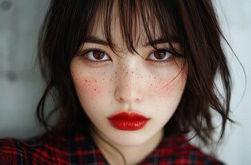 Poster - close-up portrait of a young woman with dark hair and freckles