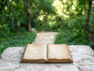 Canvas Print - open old book on stone bench in forest