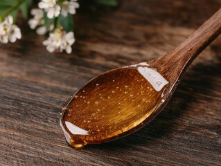 Canvas Print - Wooden spoon with honey dripping on rustic wooden table