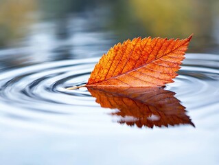 Wall Mural - Vibrant autumn leaf floating on rippling water