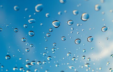 Water droplets on glass with a clear blue sky in the background.