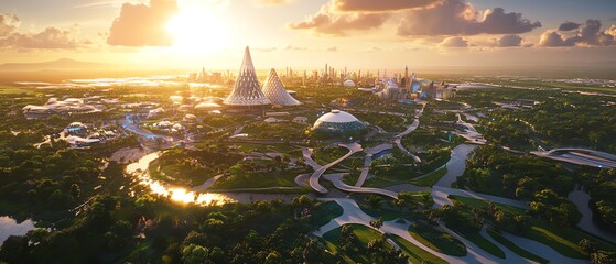 Wide-angle view of a vibrant utopian city, futuristic skyline shimmering under sunset, unique architectural designs, lush green spaces intertwined with technology