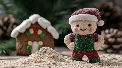 Poster - Festive gingerbread house and smiling snowman figurine