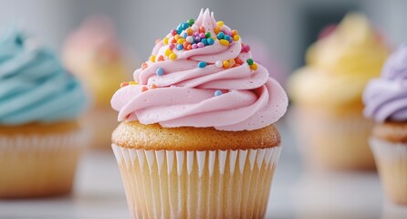 Wall Mural - Colorful cupcake with pink frosting and sprinkles