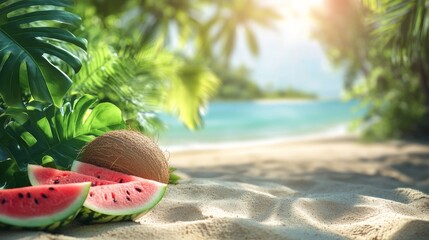 Wall Mural - Watermelon and coconut on a sandy beach with palm trees in the background.