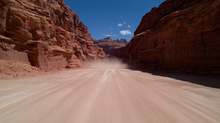 Canvas Print - Dusty road through dramatic desert canyon landscape