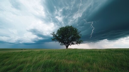 Poster - Lone tree in stormy field landscape