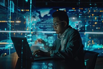 a programmer using a laptop with data code and analytics, illuminated by a futuristic screen, city l
