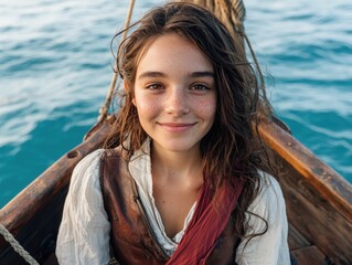 Canvas Print - young woman with curly hair on a boat