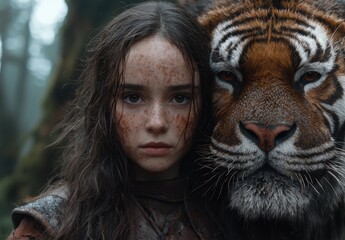 Sticker - young girl with tiger in forest