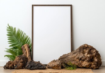 Poster - Tropical nature frame with palm leaves and wooden logs