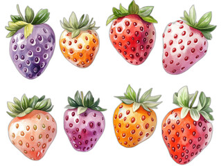 Whimsical 3D Strawberry Collection - Playful Cartoon Style Children's Book Illustration with Colored Pencils and Watercolors on White Background