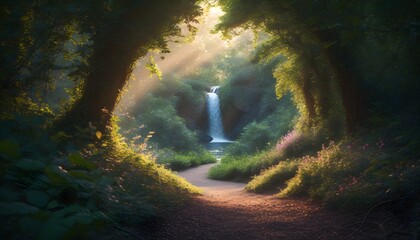 Wall Mural - Fairytale Garden Awash in Firefly Glow with Majestic Waterfall Cascading Down Vibrant Flower-Clad Cliff at Dusk