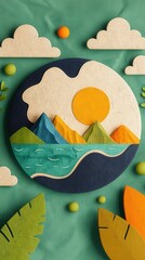 Wall Mural - Abstract Landscape Collage with Mountains  Sun  Clouds and Leaves