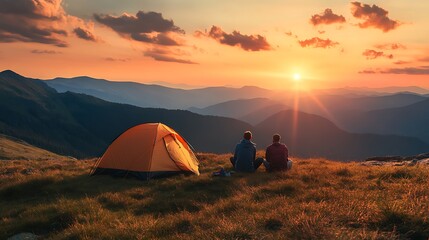 Canvas Print - Two Hikers Enjoying the Sunset in the Mountains