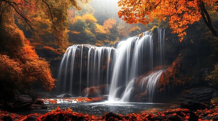 Poster - Autumn Waterfall in a Lush Forest