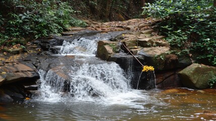 Poster - Tranquil Waterfall Surrounded by Lush Greenery