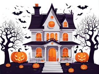 Cute halloween house with pumpkin and witch vector design illustration.