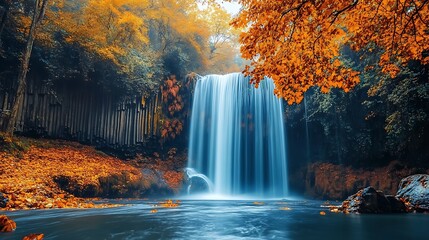 Poster - Autumn Waterfall Scene with Tranquil Pool