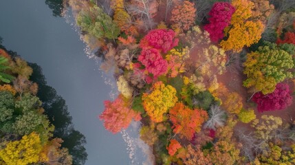 Sticker - Vibrant Autumn Foliage Overhead View of Lake