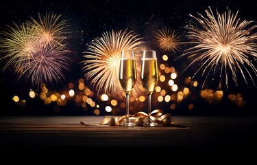 Two champagne flutes with golden ornaments, illuminated against a backdrop of fireworks and twinkling lights.