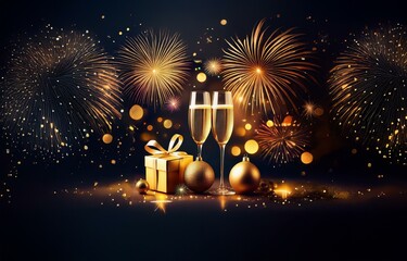 Two glasses of champagne with a gift box and ornaments in front of golden fireworks.