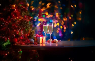 A decorated Christmas tree and two champagne flutes are on a wooden table with a blurred background of colorful lights.