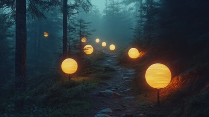 Canvas Print - A misty forest path illuminated by glowing spherical lights.