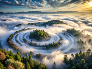 Wall Mural - breathtaking view of spiraling wisps of fog enveloping lush green hills, creating dreamlike landscape. serene atmosphere invites tranquility and wonder