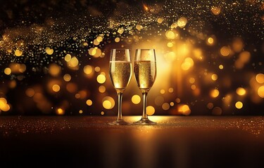 two champagne flutes filled with sparkling liquid stand on a golden surface against a background of 