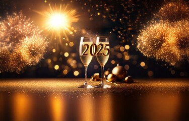 Two champagne flutes with golden 2025 numerals inside, on a table covered with gold glitter, surrounded by glowing fireworks.