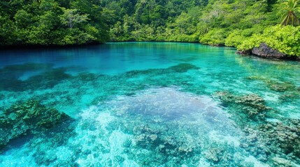 A beautiful blue ocean with a green forest in the background