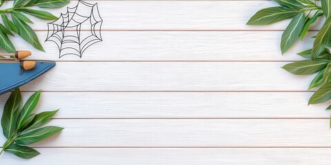 Wall Mural - White Wooden Plank Background with Spider Web and Greenery