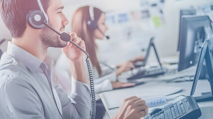 Canvas Print - A young man wearing a headset takes a call at his desk in an office setting.