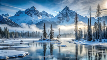 Wall Mural - Majestic mountain ranges rise above serene icy lake, surrounded by frosty trees and mist. tranquil winter landscape evokes sense of peace and wonder