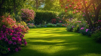 Wall Mural - Sunlit Garden with Lush Greenery and Blooming Flowers