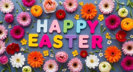 Wall Mural - happy easter word lettering on flowers background