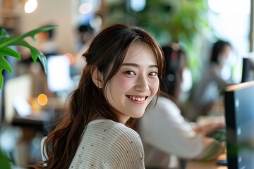 Wall Mural - Japanese women, office, it industry, smile, professional, sophisticated office, Sitting in front of the computer, looking back and smiling, meike 85mm f1