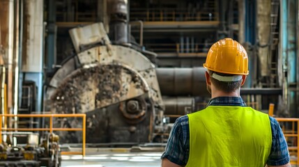 An engineer in a yellow hard hat and vest looks towards a large piece of machinery inside a factory.