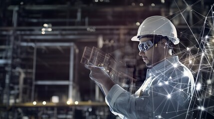 An engineer in a hard hat and safety glasses examines a digital model in an industrial setting.